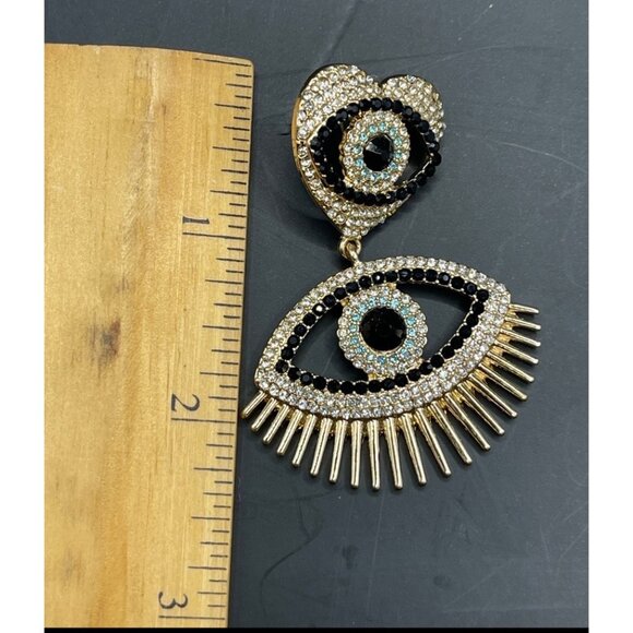 C&C California Evil Eye Heart Dangling Rhinestone Stud Gold Tone Earrings - Picture 4 of 5